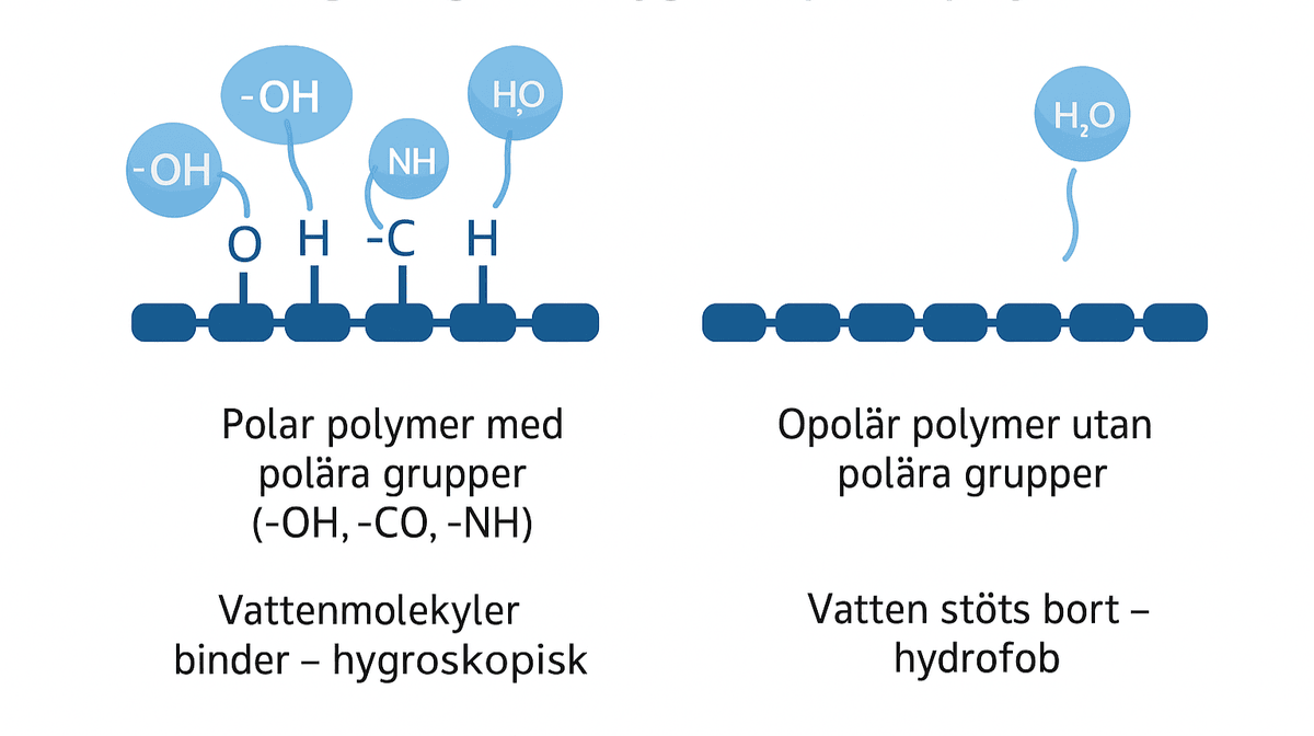 Figur: hygroskopi och polymerstruktur